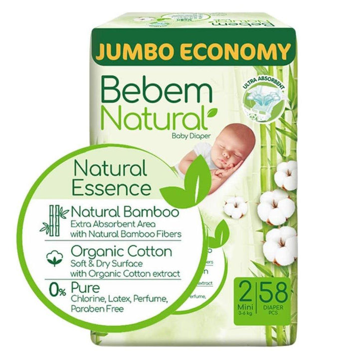 حفاضات بي بم طبيعي مقاس 2 | (58 حفاضة) | Bebem Natural - حفاضات ببيم ناتشورال (Bebem Natural Diapers)
حجم 2 للأطفال (Size 2 for Babies)
حماية طبيعية (Natural Protection)
راحة مستمرة (Continuous Comfort)