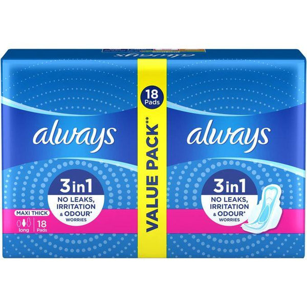 فوط صحية ماكسي سميكة طويلة بأجنحة (18 قطعة) | Always