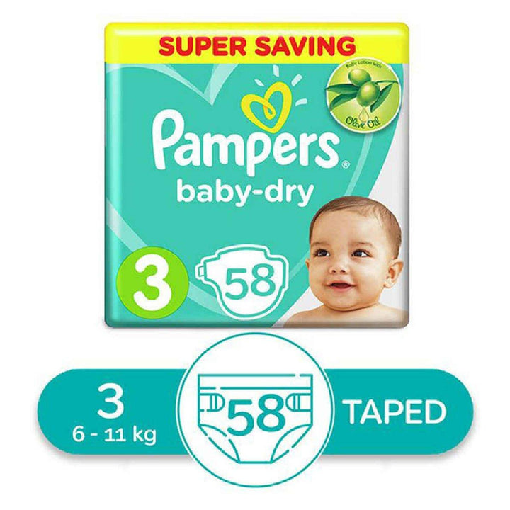 حفاضات بيبي دراي (Baby Dry Diapers)
حجم 3 للأطفال (Size 3 for Babies)
حماية جافة (Dry Protection)
راحة طوال اليوم (All-Day)