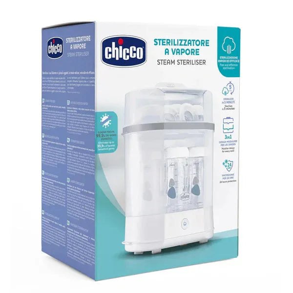 معقم بالبخار شيكو 3 في 1
تعقيم سريع وآمن للرضاعات
مثالي لحماية طفلك من الجراثيم
Chicco Steam Sterilizer 3-in-1
Fast & Safe Bottle Sterilization
Ideal Protection for Your Baby