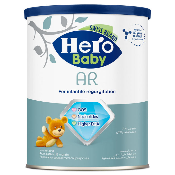 Hero Baby AR, anti-regurgitation formula, reflux baby milk, infant formula 0–12 months, thickened formula
هيرو بيبي AR، حليب الارتجاع، تركيبة مضادة للقشط، حليب من 0 إلى 12 شهر، حليب مغلظ