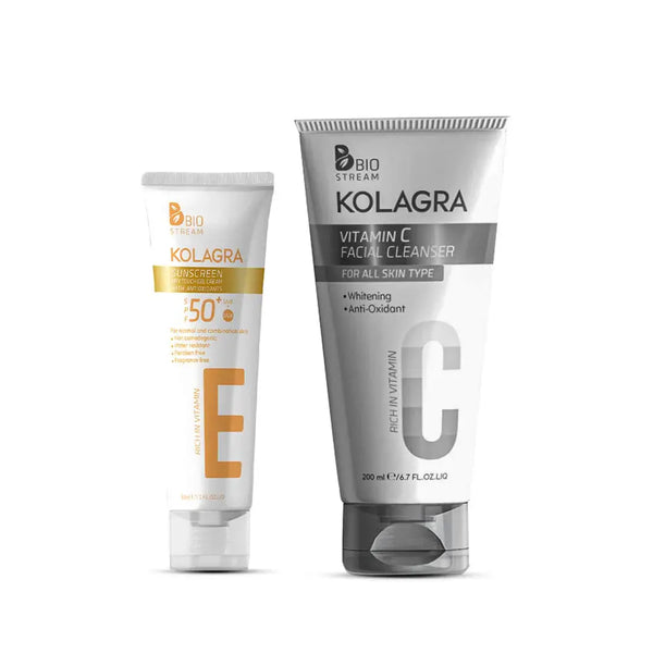 Kolagra sunscreen, vitamin C face wash, sun protection, skincare duo, brightening cleanser
كولاجرا واقي شمس، غسول فيتامين سي، تنظيف البشرة، حماية من الشمس