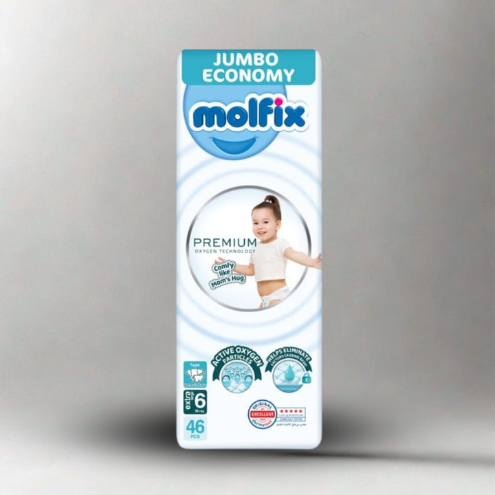 مولفيكس بريميوم، حفاضات مقاس 6، حفاضات أطفال، حفاضات كبيرة جدًا، حفاضات مريحة
Molfix Premium, Baby Diapers, Size 6 Diapers, Extra Large Diapers, Comfortable Diapers