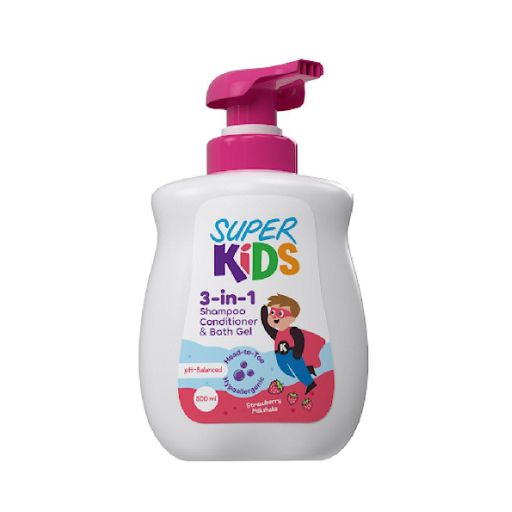 kids 3 in 1 wash, strawberry kids shampoo, body wash, conditioner, super kids hair care
شامبو أطفال، بلسم، جل استحمام، سوبر كيدز، برائحة الفراولة، 3 في 1
