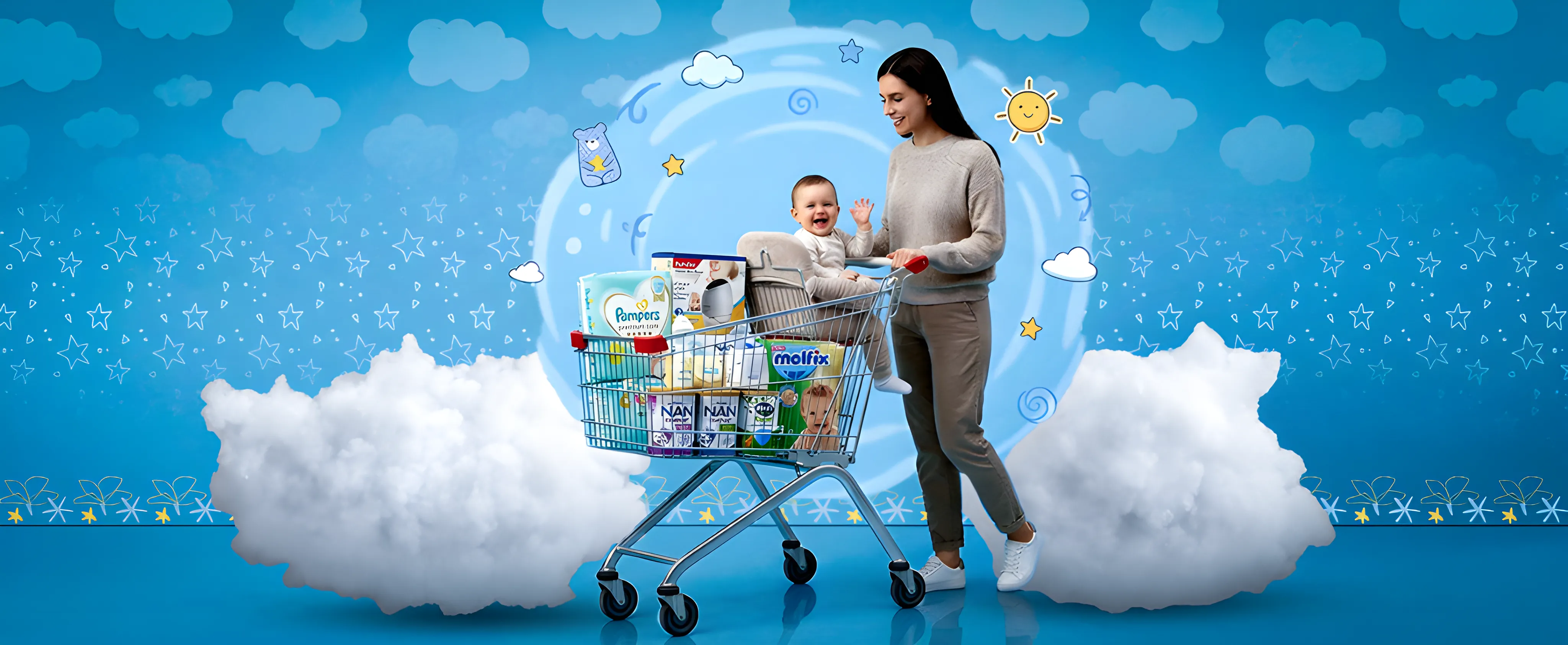 Woman and child with a shopping cart full of Procter & Gamble products against a blue background with clouds.