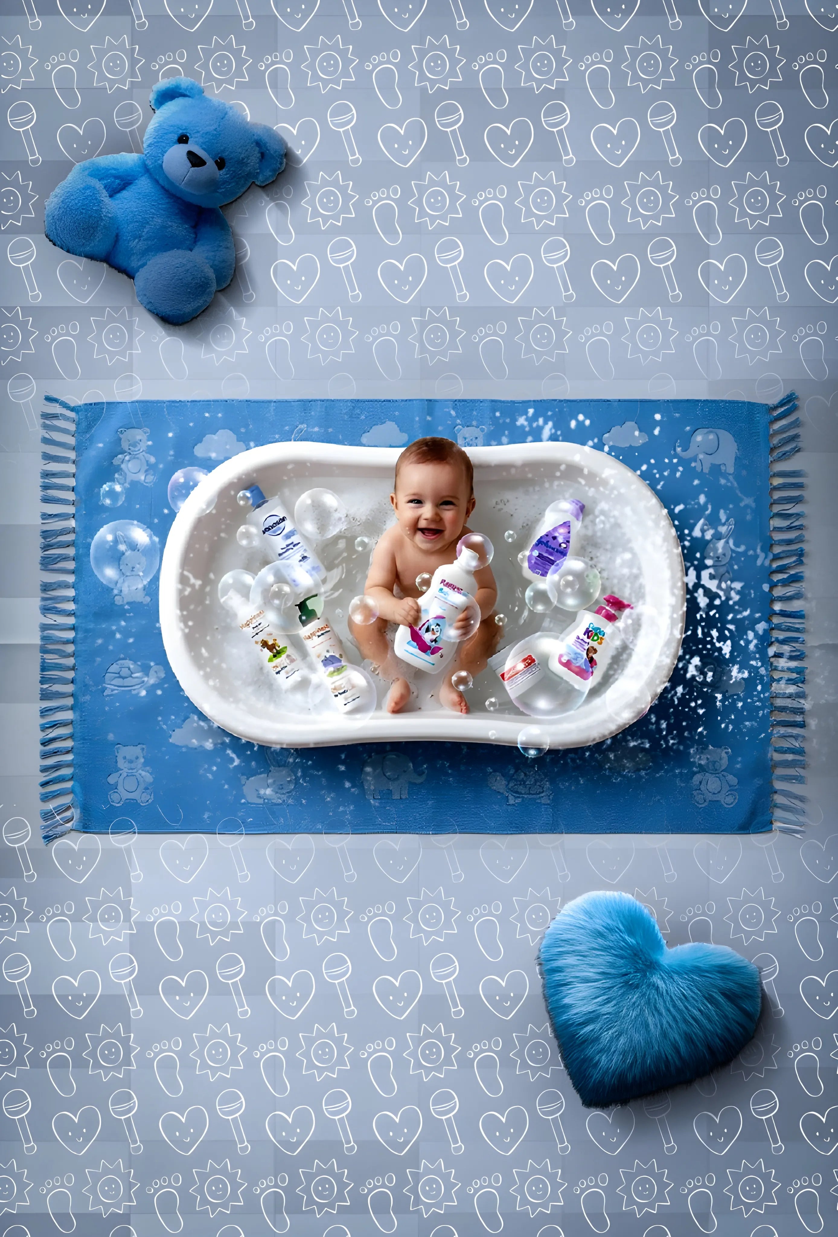 Baby in a bathtub with baby products on a blue and white patterned blanket.